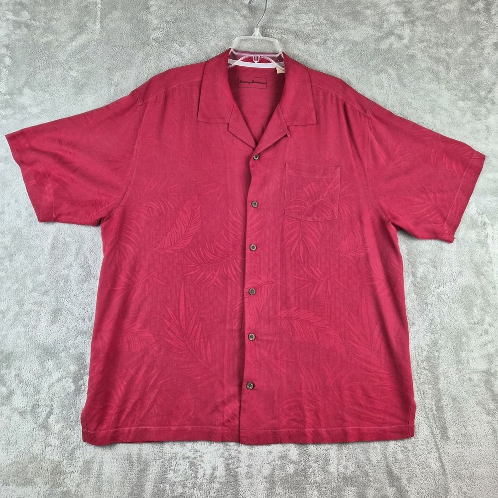 Tommy Bahama Camp Mens Shirt XL Red Leaf Jacquard Hawaiian Aloha 100% Silk Loop